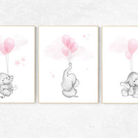 Nursery decor girl, elephant balloon print, elephant artwork, elephant wall art, baby girl nursery wall art, Elephant Nursery Prints