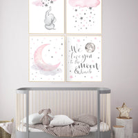 Nursery decor elephant, nursery decor girl elephant, we love you to the moon and back, pink and gray, elephant nursery wall art, baby room