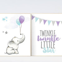 Purple mint nursery decor, twinkle twinkle little star, nursery decor elephant, animal prints, elephant baby room, lavender mint, lilac