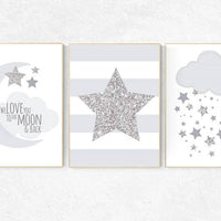Nursery decor neutral, gray nursery decor, silver nursery wall art, gray silver nursery, gender neutral nursery wall art, moon and back