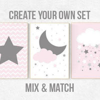 Pink Gray Nursery Art, Baby Girl Nursery Decor, Nursery Print, Baby Girl Pink Nursery Art, set of 3, Baby Girl Wall Art, cloud nursery print
