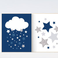 Navy silver nursery, cloud nursery art, star nursery, nursery decor boy, Baby boy nursery decor, navy gray nursery, boys room wall art