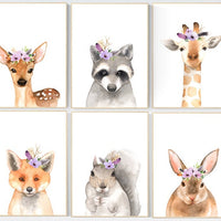 Nursery prints woodland, animal flower crown prints, nursery decor purple, nursery prints animals, nursery decor girl flower, animal prints