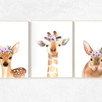 Nursery decor purple, Woodland nursery, flower animal print, lilac nursery, animal flower crown, lavender nursery, nursery prints animals