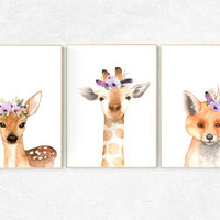 Nursery decor purple, Woodland nursery, flower animal print, lilac nursery, animal flower crown, lavender nursery, nursery prints animals