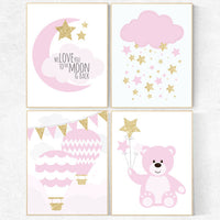nursery decor pink and gold, nursery decor girl, we love you to the moon and back, pink gold nursery, hot air balloon, girls room decor,