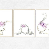 Bunny nursery decor, animal nursery decor girl purple, nursery decor girl bunny, animal flower crown, nursery decor girl lavender and gray