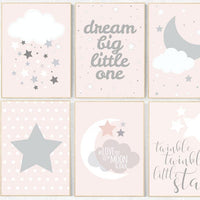 Pink nursery art, dream big little one, twinkle twinkle little star, nursery decor, pink gray, pink grey, moon nursery, nursery decor pink