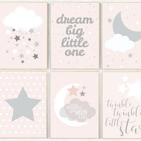 Pink nursery art, dream big little one, twinkle twinkle little star, nursery decor, pink gray, pink grey, moon nursery, nursery decor pink