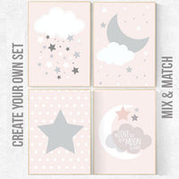 Pink gray nursery art, nursery decor, pale pink, pink gray, pink grey, moon nursery, moon and back, pink nursery wall art, girls room decor