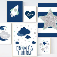 Baby boy nursery decor, navy gray mint nursery, navy silver nursery set, dream big little one we love you to the moon and back cloud nursery