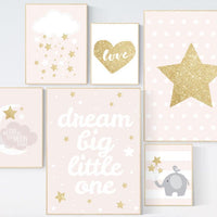 Pink gold nursery art, dream big little one, nursery decor, elephant nursery, pink and gold, moon nursery, nursery decor girl pink, gold
