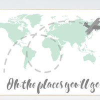 Oh the places you'll go, nursery decor mint green, mint nursery, gender neutral nursery, travel nursery, world map nursery, mint green decor
