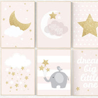 pink gold nursery decor, elephant nursery, pink and gold nursery, moon and back, Nursery decor girl gold, cloud nursery, girls room decor