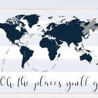 Oh the places you'll go, navy blue wall art, navy nursery, travel nursery, nursery decor boys, world map nursery, navy nursery, navy gray