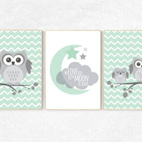 Owl Nursery Wall Art, gender neutral nursery decor, we love you to the moon, baby room decor, mint gray, owl room decor, owl nursery decor