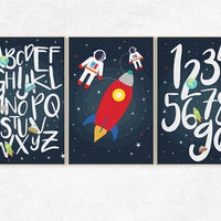 Space themed nursery, set of 3 prints, alphabet nursery, nursery decor, Moon nursery decor, alphabet letters, Outer Space decor, space print