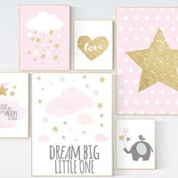 Nursery decor girl pink and gold, elephant nursery, dream big little one, pink gold nursery print, moon and back, cloud and stars, pink gold