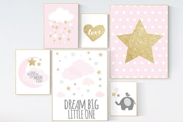 Nursery decor girl pink and gold, elephant nursery, dream big little one, pink gold nursery print, moon and back, cloud and stars, pink gold