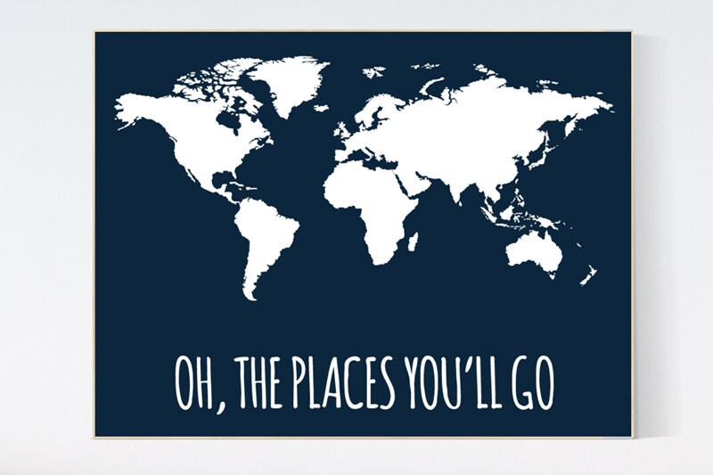 Navy World Map print, oh the places you&