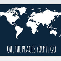 Navy World Map print, oh the places you'll go, Nursery print, Kid's Room Decor, Children's playroom, toddler navy baby wall art, world map