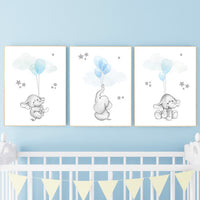 Blue and gray nursery decor, blue silver nursery decor elephant, animal prints, nursery decor boy elephant, baby room, blue silver nursery,