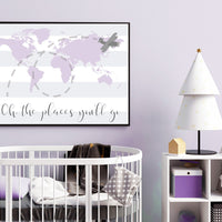 Nursery decor girl purple, nursery decor map, Lilac nursery, Oh the places you'll go, travel nursery decor, world map, lavender nursery