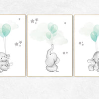 Nursery decor elephant, gender neutral nursery decor, nursery wall art animals, elephant balloon print, mint nursery decor, mint silver,
