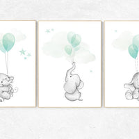 Nursery decor elephant, gender neutral nursery decor, nursery wall art animals, elephant balloon print, mint nursery decor, mint nursery