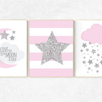 Pink and gray nursery, pink and silver nursery, nursery decor pink and gray, nursery decor girl pink and gray, moon and back, cloud nursery