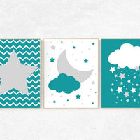 Nursery decor boy teal, nursery decor boy star, teal nursery decor, nursery prints boy, cloud and stars nursery decor, nursery wall art boy