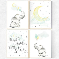 Mint and yellow nursery, nursery decor elephant, nursery prints, elephant nursery art, twinkle twinkle little star, mint and yellow, balloon