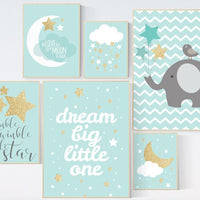 Mint gold nursery, dream big little one, we love you to the moon and back, elephant nursery, Mint gold nursery decor, mint and gold