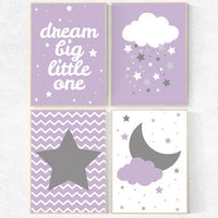 Nursery decor girl purple, moon and stars nursery, cloud and star nursery prints, Lilac nursery, purple nursery, lilac and gray, lavender,