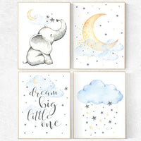 Nursery wall art elephant, dream big little one, moon and stars, Nursery decor gender neutral, baby room wall art, nursery art, blue yellow