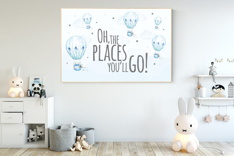 Nursery decor boy hot air balloon, nursery decor boy adventure, Dream Big, blue nursery, boys room wall art adventure, nursery prints boy