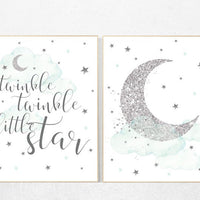 Nursery decor neutral, Mint and gray nursery, mint nursery, gray nursery prints, cloud and star nursery wall art twinkle twinkle little star