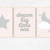 Pink gray nursery, blush pink nursery decor, dream big little star, pink nursery art, cloud nursery decor, pale pink, moon nursery