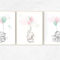 Pink mint nursery decor, elephant balloon nursery art, Nursery decor animals, nursery decor elephant girl, pink teal, pink aqua nursery