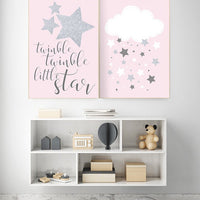 Twinkle twinkle little star nursery, pink gray nursery decor, baby girl nursery decor, pink silver, cloud nursery art, kids room decor