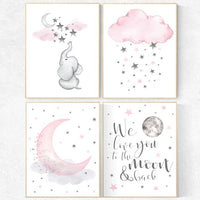 Nursery decor elephant, nursery decor girl elephant, we love you to the moon and back, pink and gray, elephant nursery wall art, baby room