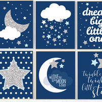 Baby blue boy nursery decor, navy silver nursery, navy silver nursery set, dream big little one, we love you to the moon and back, navy blue