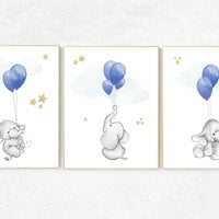 Nursery decor elephant, navy elephant nursery gender, neutral nursery prints, nursery wall art animals, elephant balloon, navy and gold