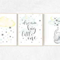 Mint and yellow nursery, nursery decor elephant, cloud and star, dream big, teal and yellow, nursery decor boy teal, gender neutral nursery