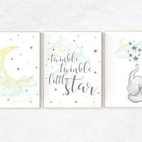 Mint and yellow nursery, nursery decor elephant, twinkle twinkle little star, nursery decor neutral, nursery decor boy teal, cloud and star