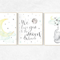 We love you to the moon and back, elephant nursery art, mint yellow nursery, neutral nursery prints, cloud nursery, star nursery decor