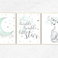 Nursery decor elephant, twinkle twinkle little star, Mint nursery decor, nursery decor neutral, nursery decor boy teal, cloud and star