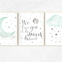 Mint nursery decor, gender neutral nursery, we love you to the moon and back, mint green, moon and stars, twin nursery wall decor, aqua