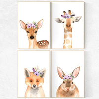 Nursery decor girls, nursery decor girl purple, animal flower crown, nursery prints animals, nursery decor girl flower purple flower nursery