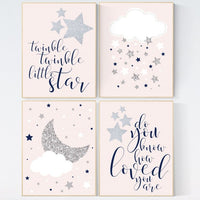 Blush and navy nursery decor, pink silver, blush and navy nursery wall art, nursery prints, twinkle twinkle little star, light coral